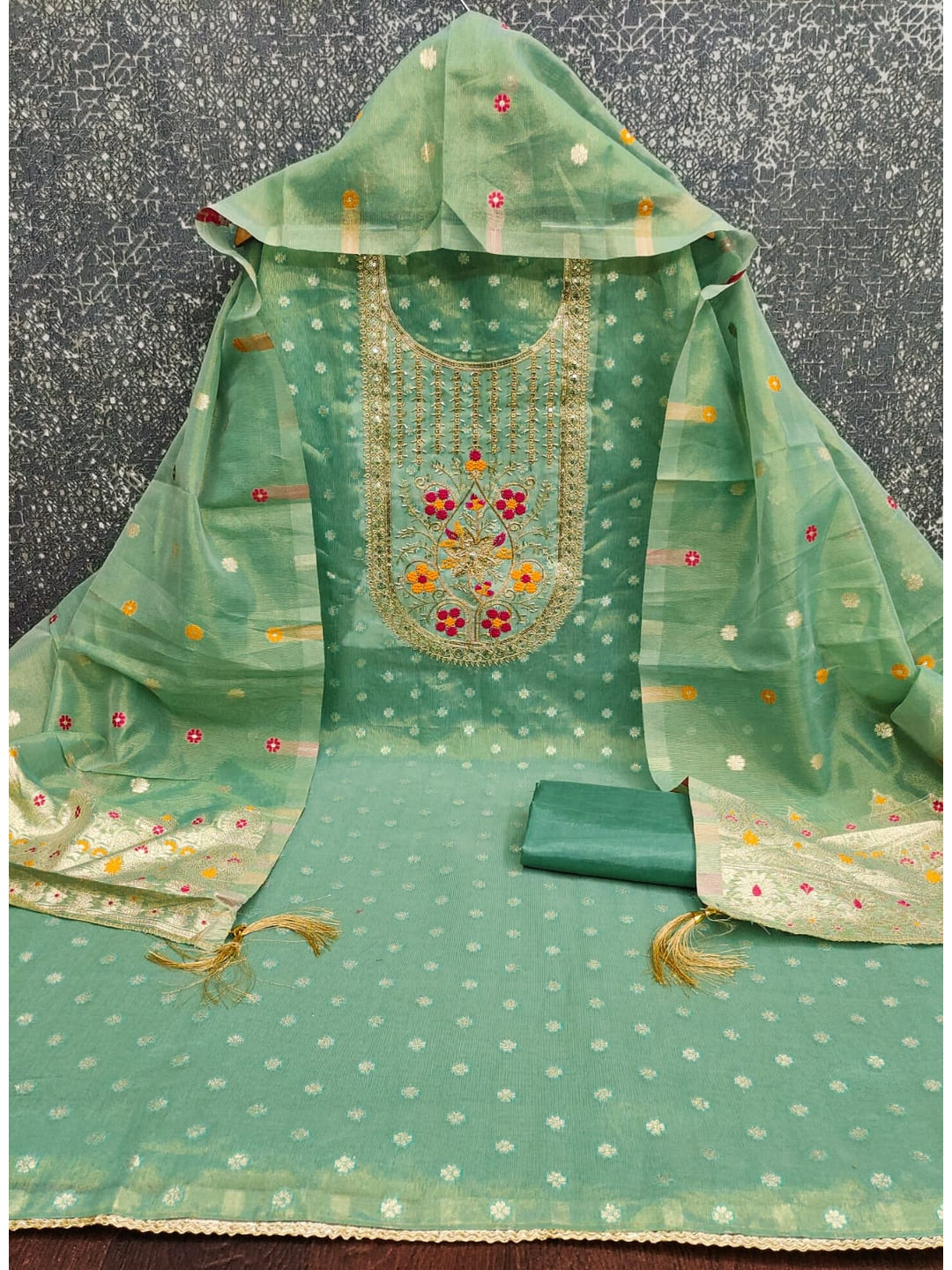 Peachmode Sea Green Jacquard Dress Material with Ethnic Motifs - Image 3