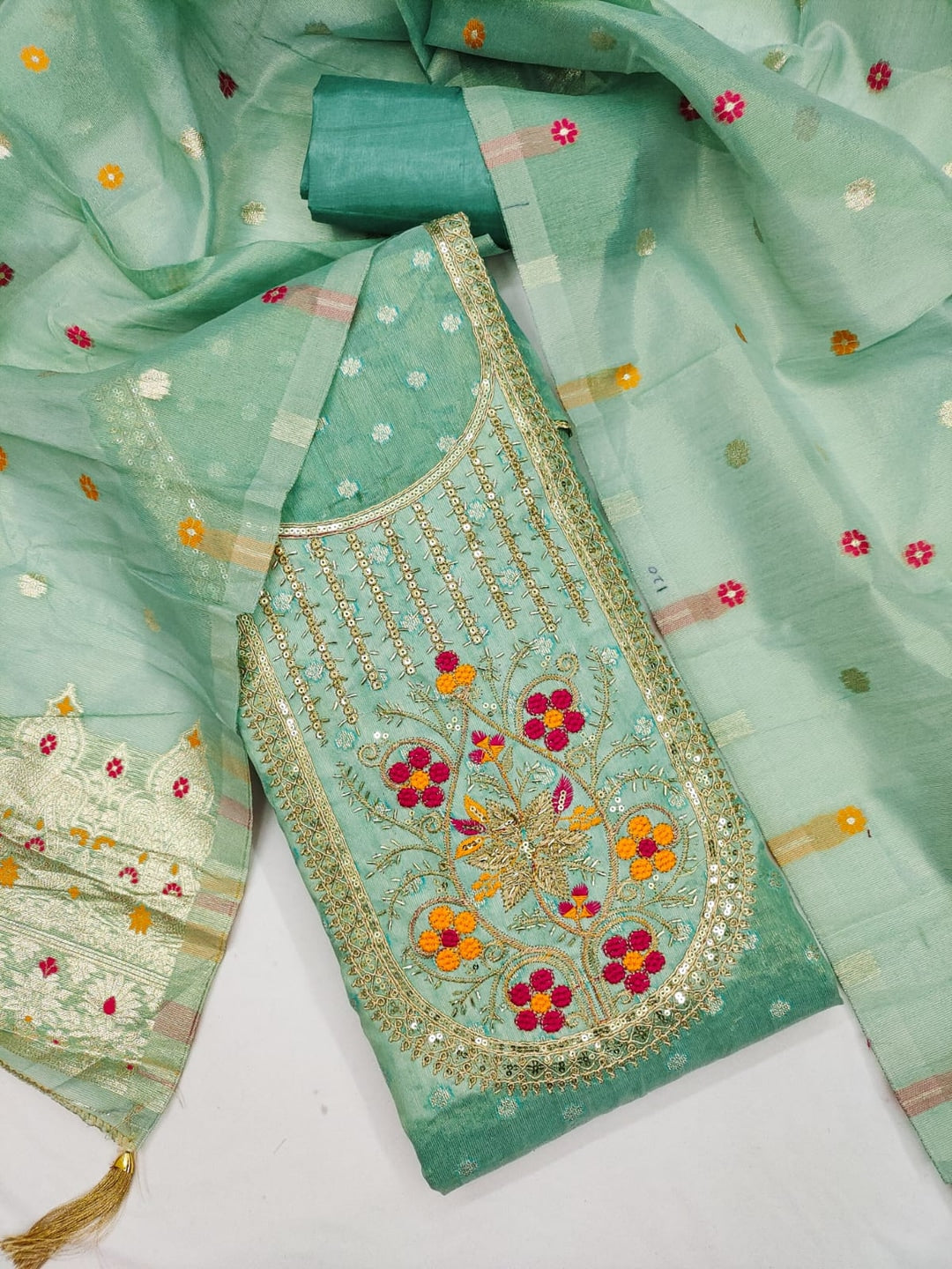 Peachmode Sea Green Jacquard Dress Material with Ethnic Motifs - Image 4