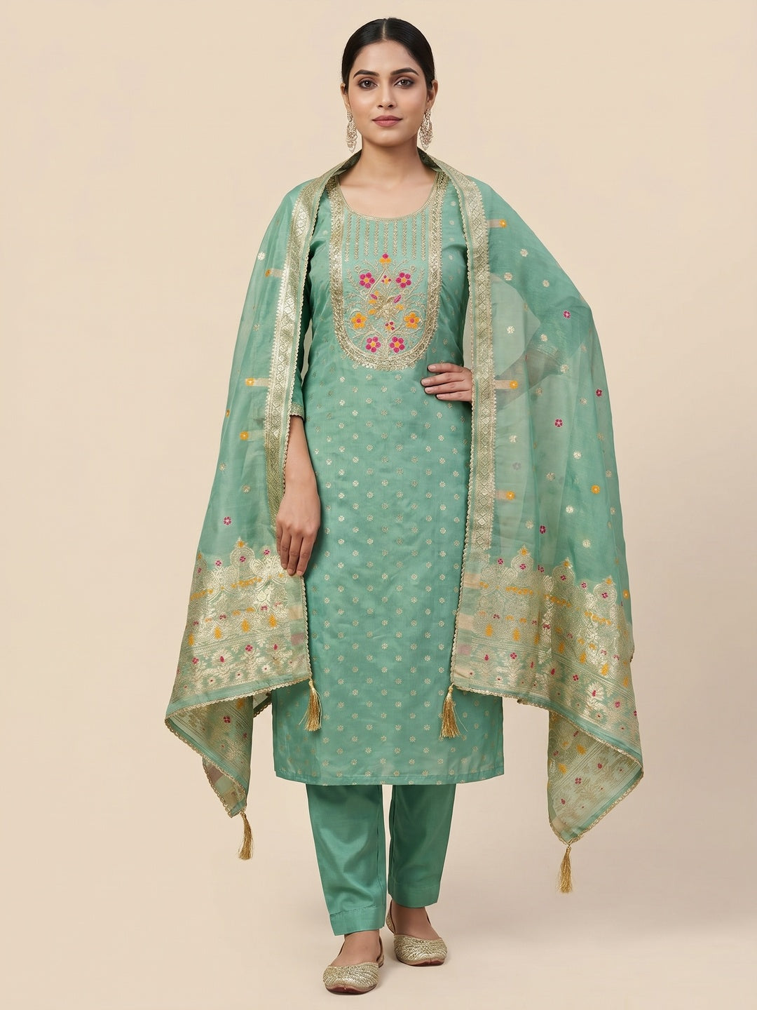 Peachmode Sea Green Jacquard Dress Material with Ethnic Motifs - Image 2