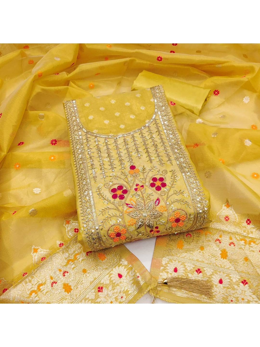Peachmode Yellow Jacquard Dress Material with Ethnic Motifs - Image 3