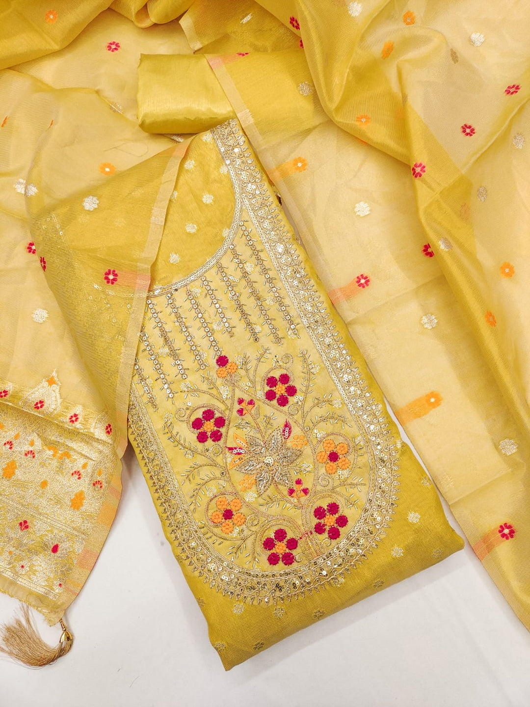 Peachmode Yellow Jacquard Dress Material with Ethnic Motifs - Image 1