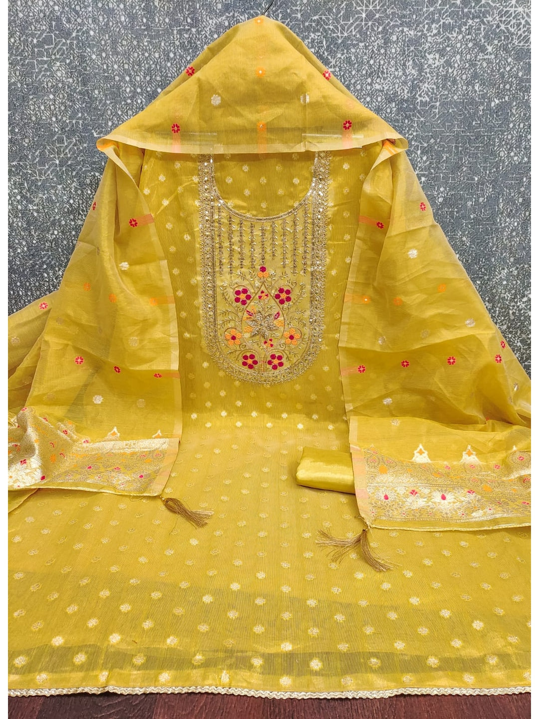 Peachmode Yellow Jacquard Dress Material with Ethnic Motifs - Image 4