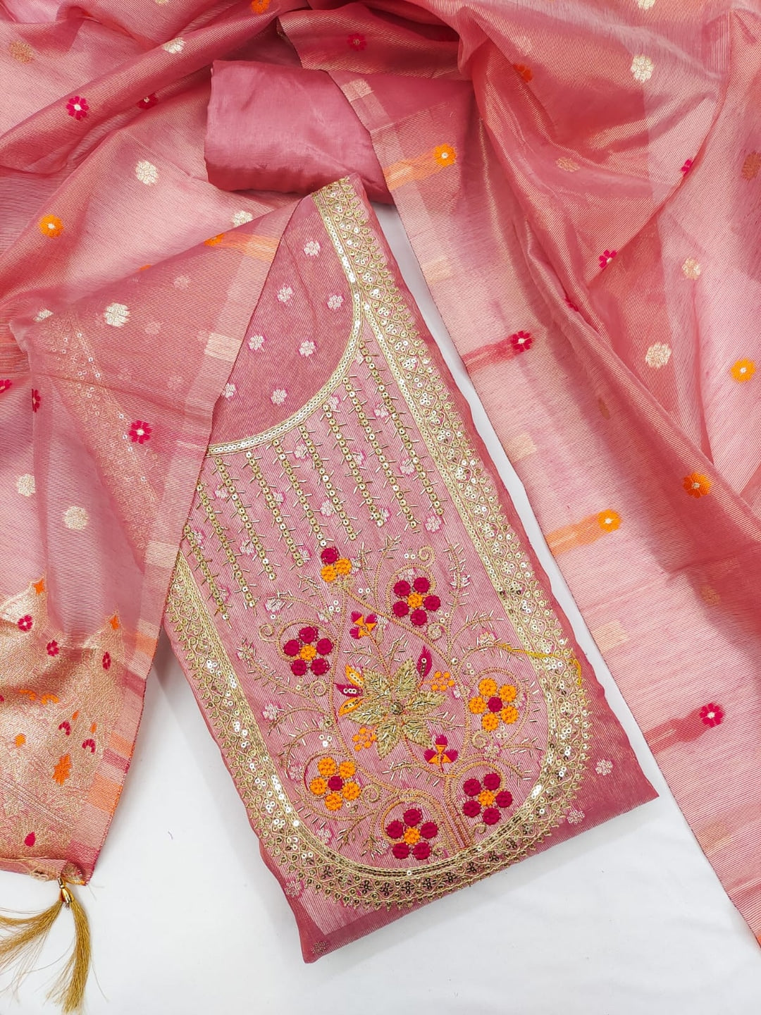 Peachmode Pink Jacquard Dress Material with Ethnic Motifs - Image 3