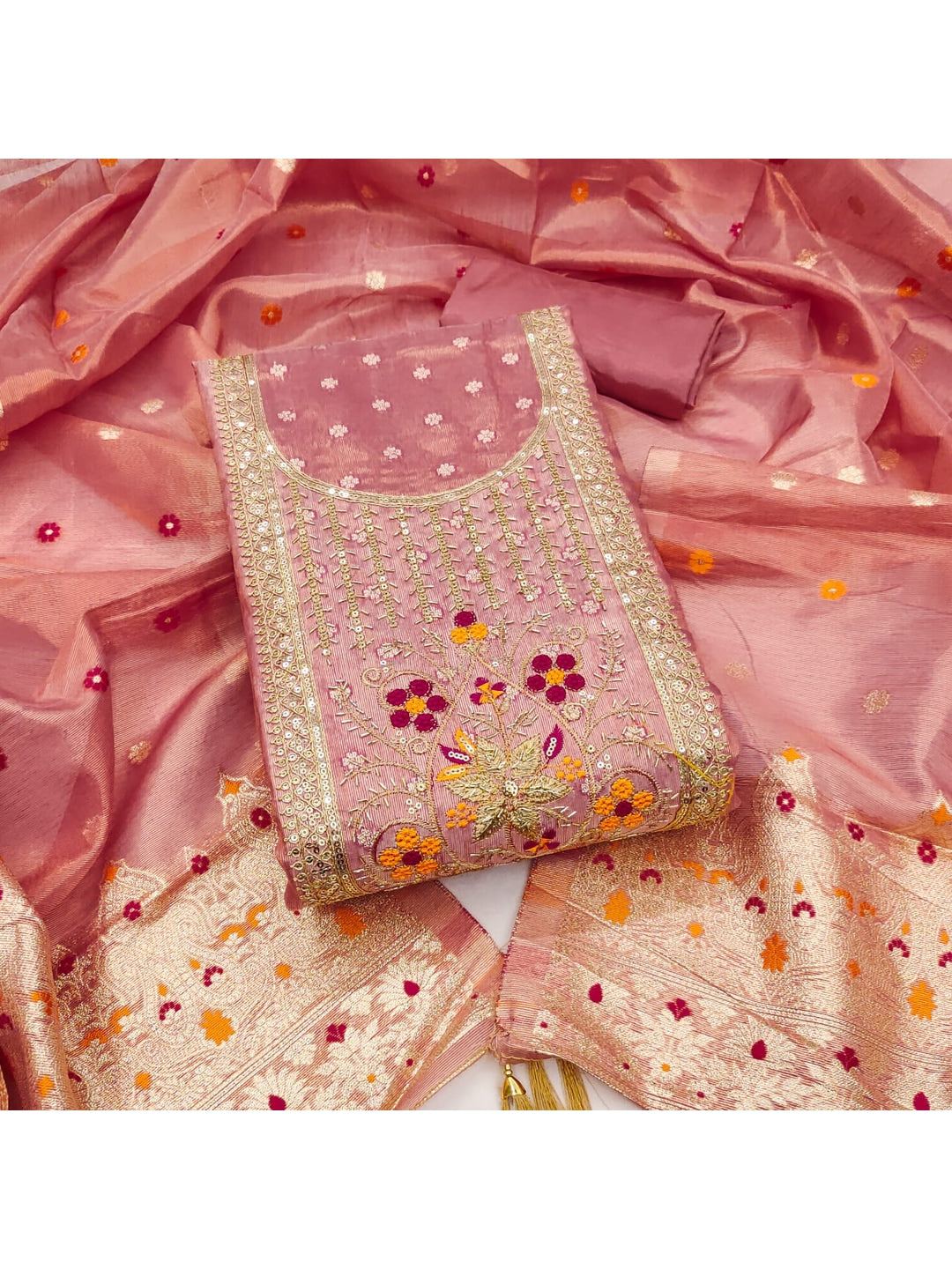 Peachmode Pink Jacquard Dress Material with Ethnic Motifs - Image 1