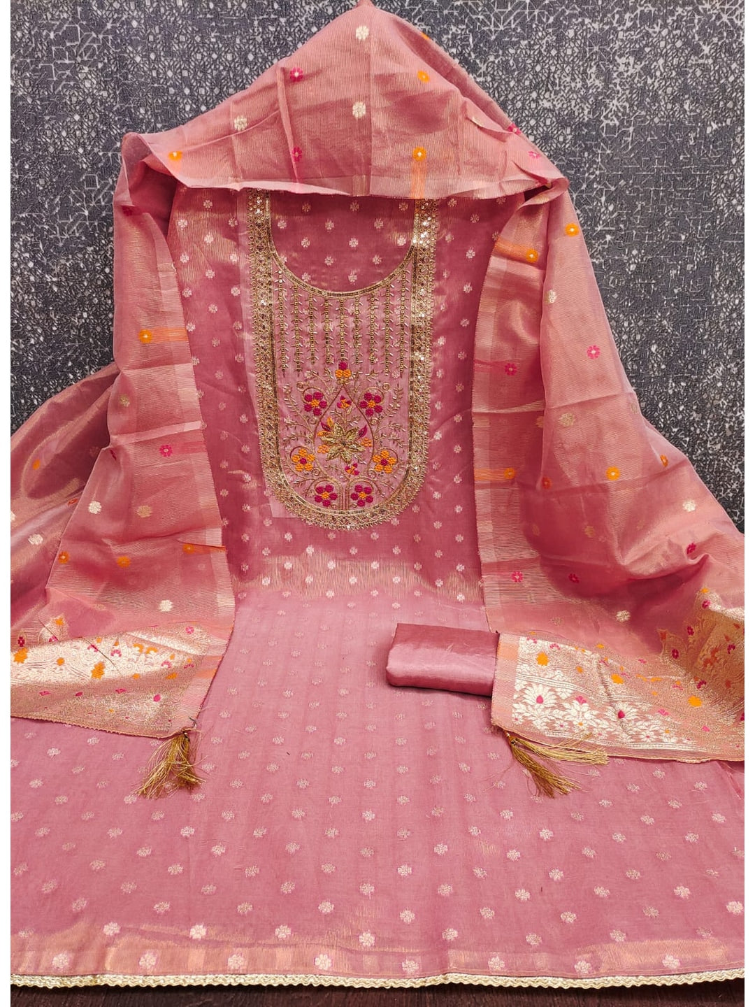 Peachmode Pink Jacquard Dress Material with Ethnic Motifs - Image 4