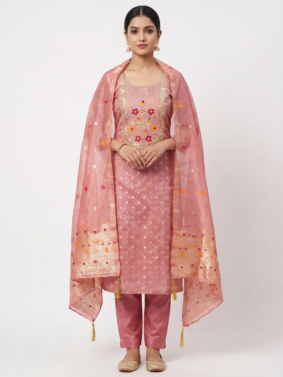 Peachmode Pink Jacquard Dress Material with Ethnic Motifs - Image 2