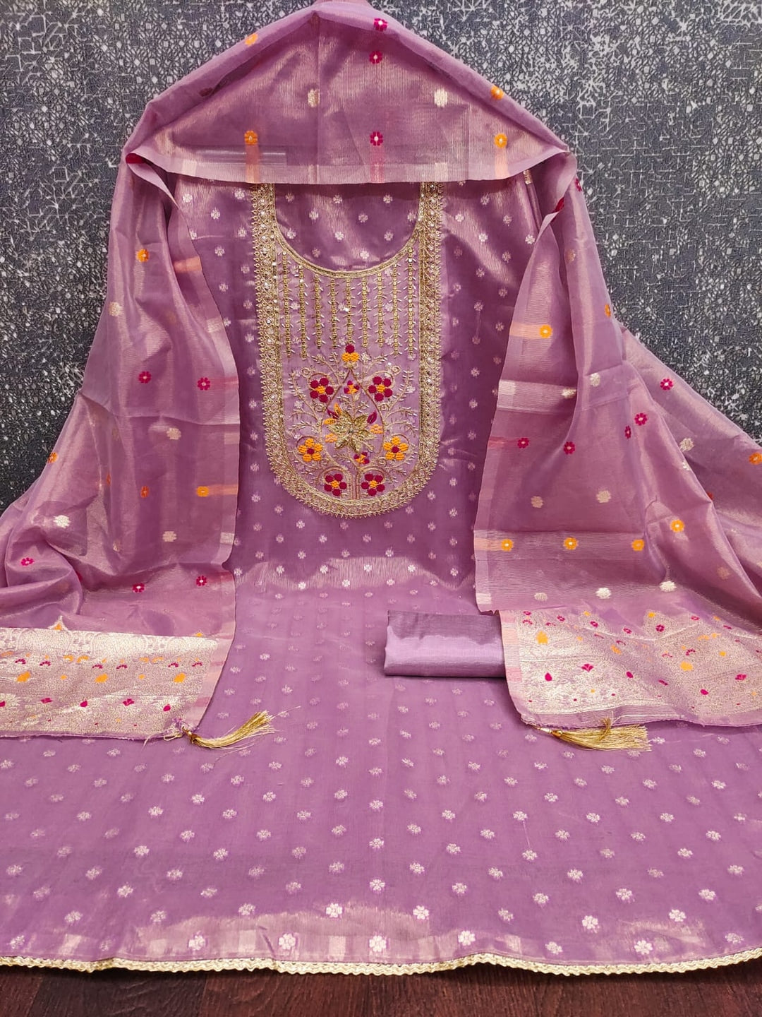 Peachmode Lavender Jacquard Dress Material with Ethnic Motifs - Image 3
