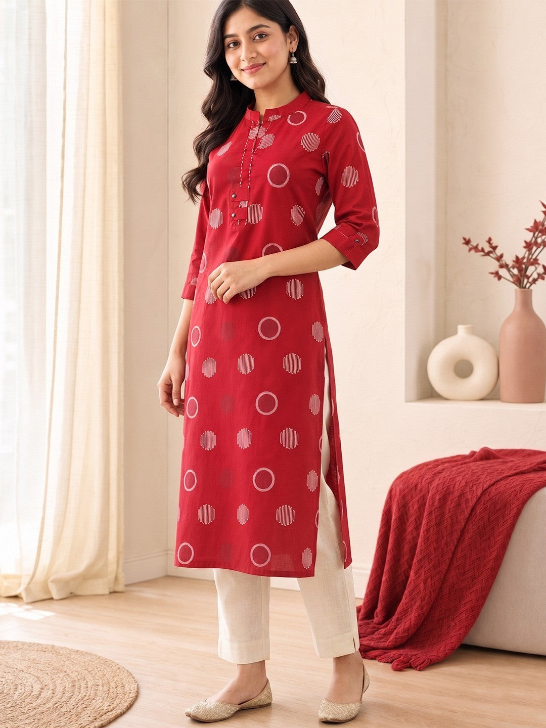 Red Pure Cotton Geometric Printed Kurti - Image 3