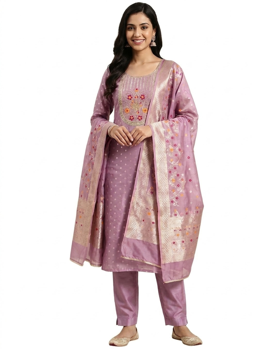 Peachmode Lavender Jacquard Dress Material with Ethnic Motifs - Image 5