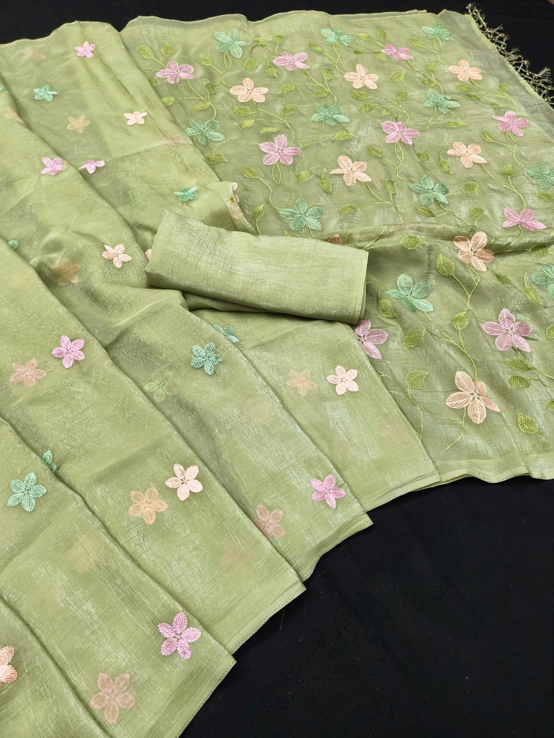 Peachmode Green Crunchy Saree with Floral Embroidery Work - Image 2