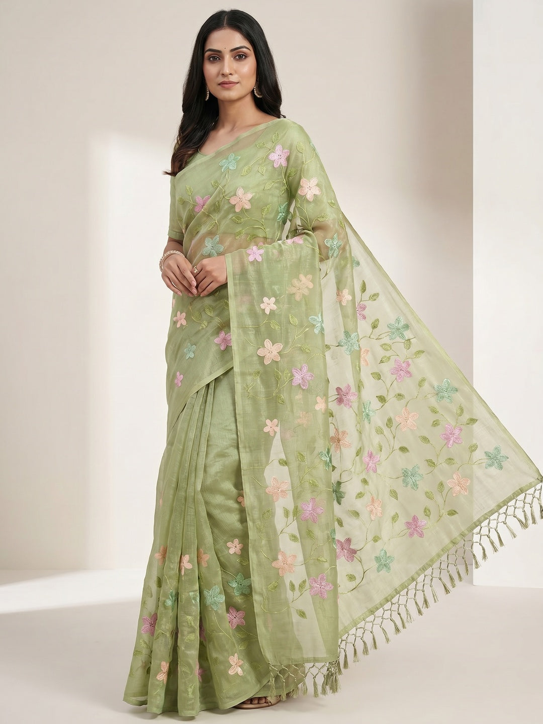 Peachmode Green Crunchy Saree with Floral Embroidery Work - Image 1