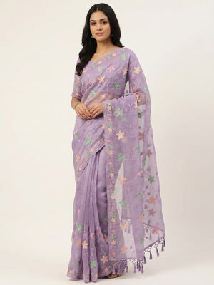 Peachmode Lavender Crunchy Saree with Floral Embroidery Work - Image 1