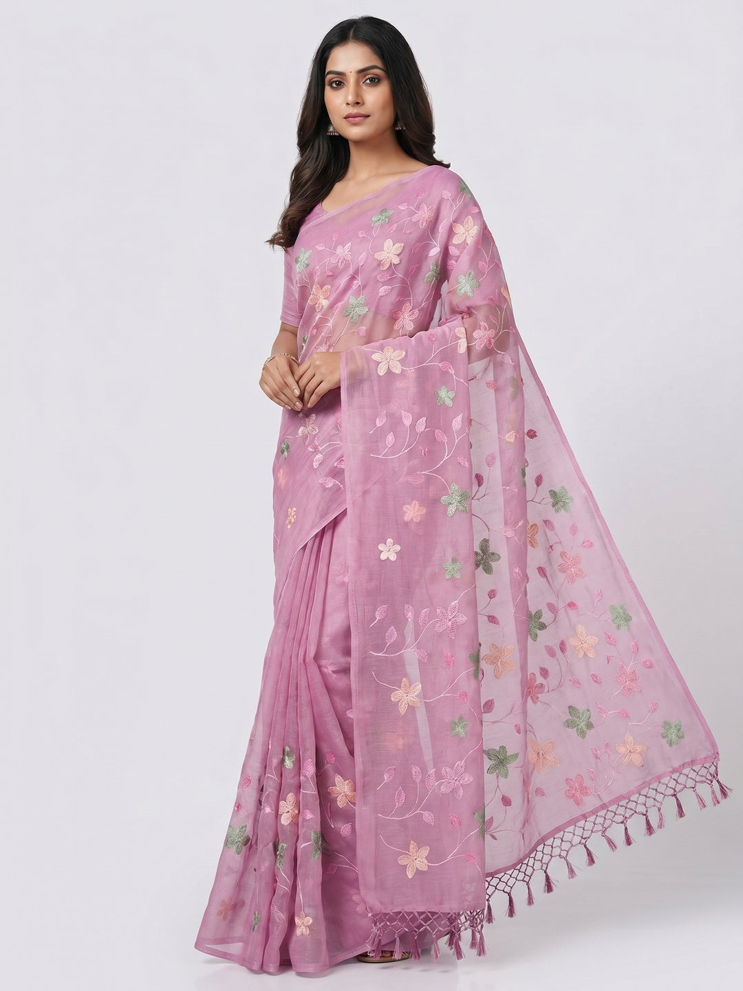 Peachmode Pink Crunchy Saree with Floral Embroidery Work - Image 1