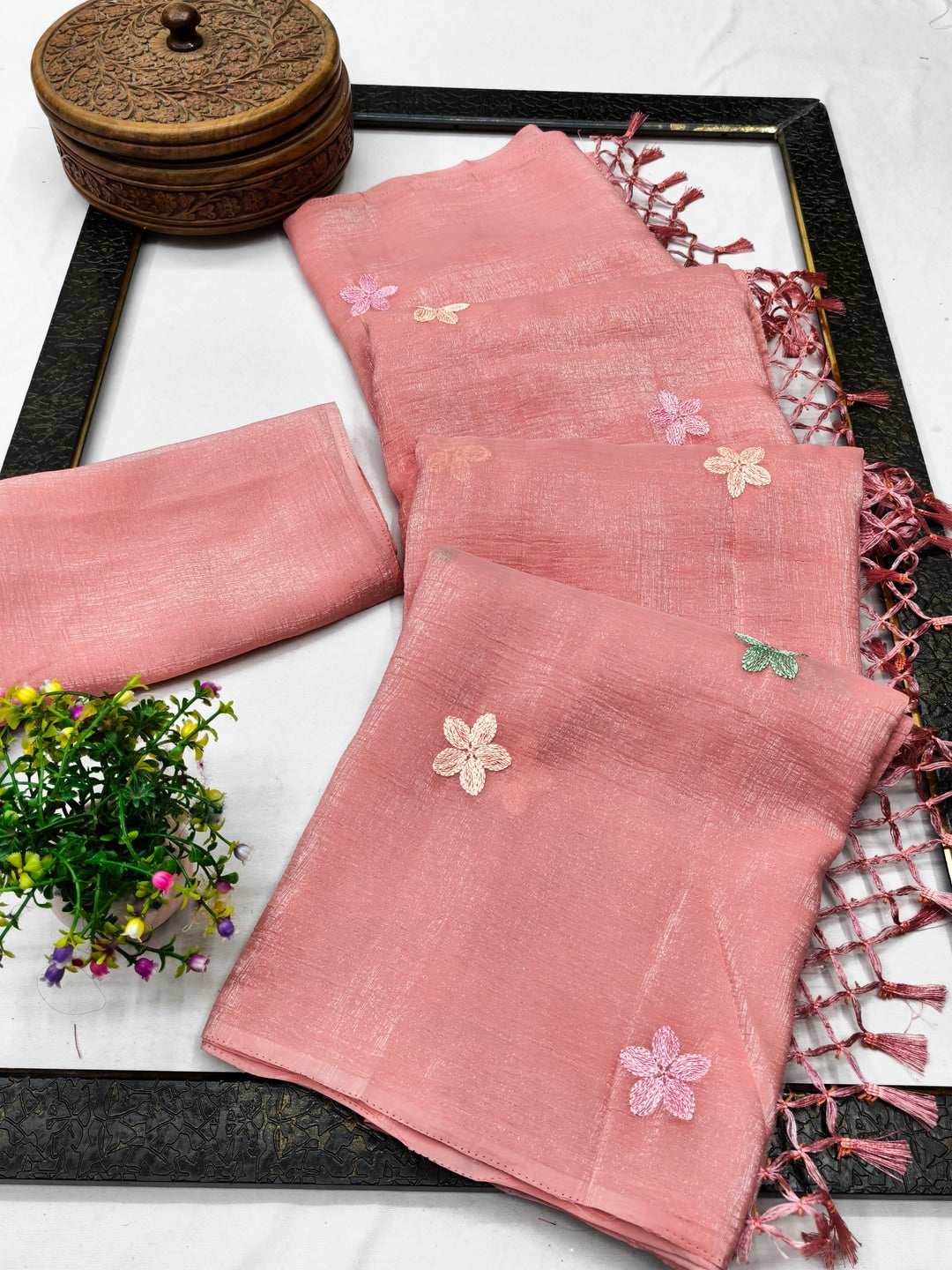 Peachmode Peach Crunchy Saree with Floral Embroidery Work - Image 3