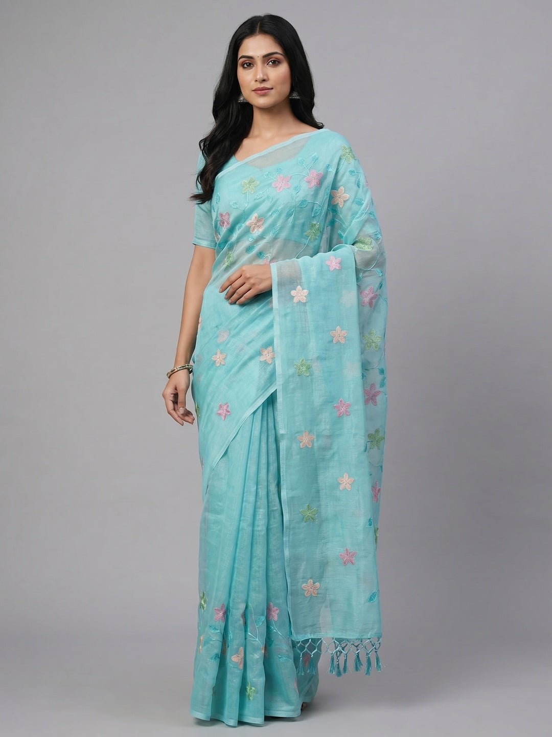 Peachmode Aqua Crunchy Saree with Floral Embroidery Work - Image 1