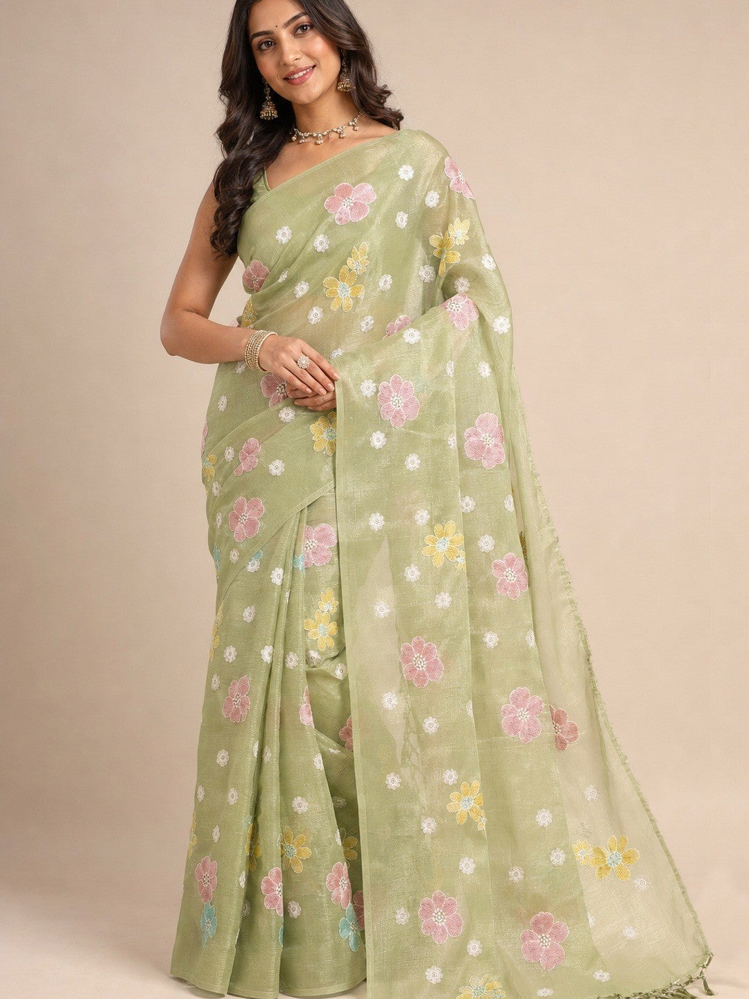 Peachmode Green Crunchy Saree with Floral Embroidery Work - Image 1