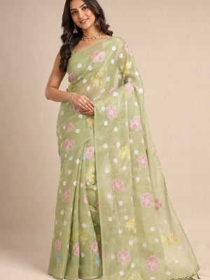 Peachmode Green Crunchy Saree with Floral Embroidery Work - Image 1