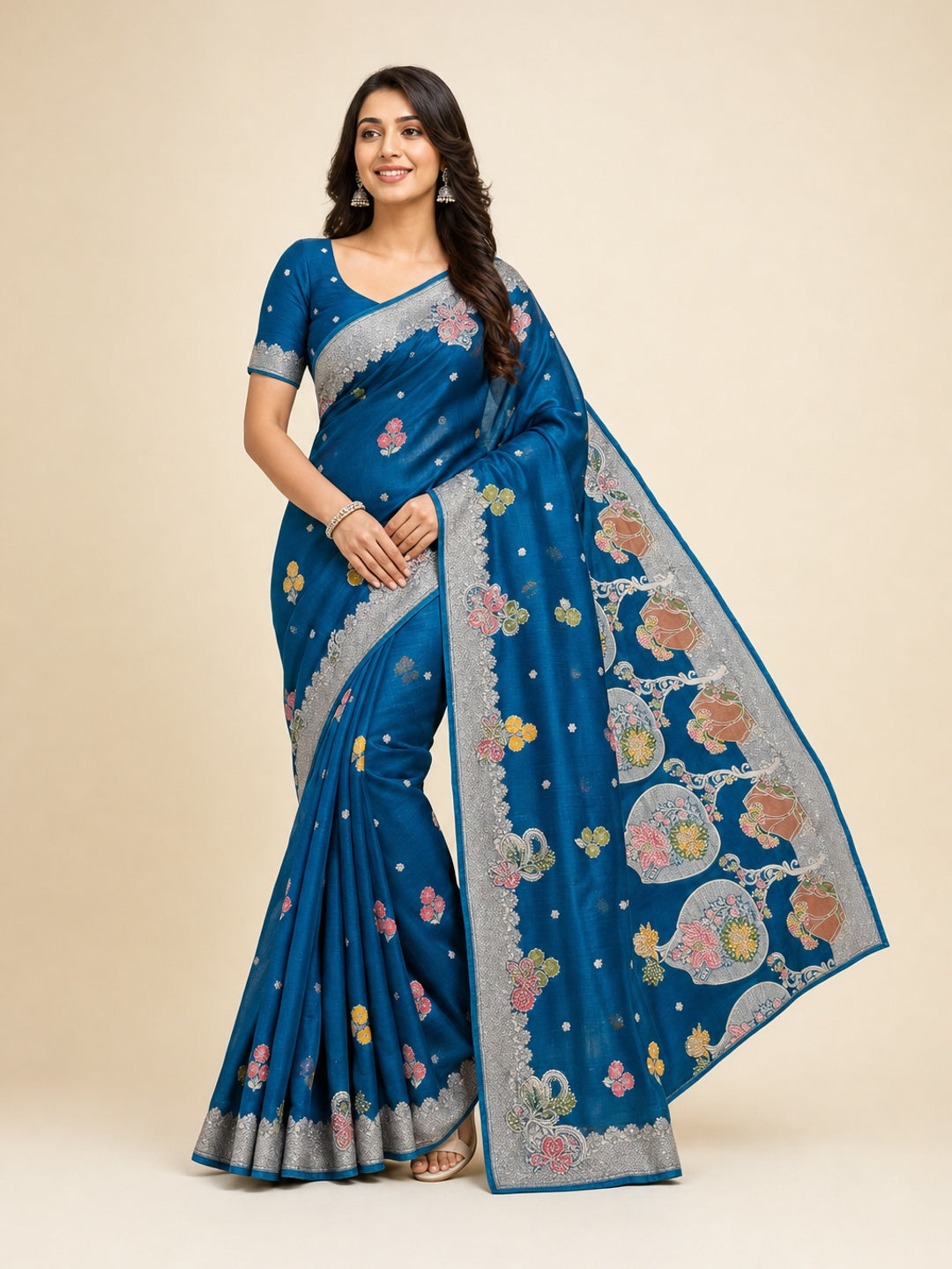 Peachmode Blue Organza Saree with Mina Weaving Work - Image 1