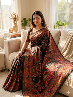 Peachmode Black Rajwadi Pashmina Silk Woven Saree - Image 1