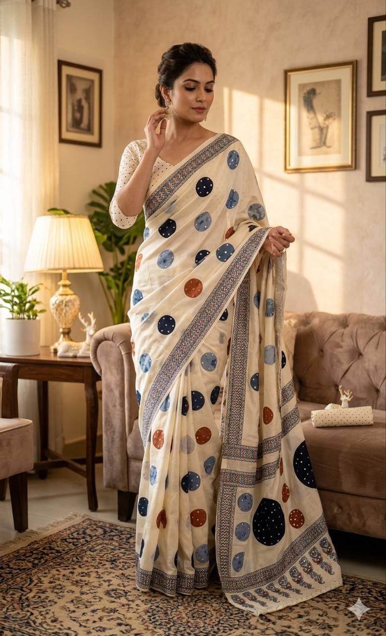 Peachmode Cream Ajrakh Mirror Work Saree - Image 2