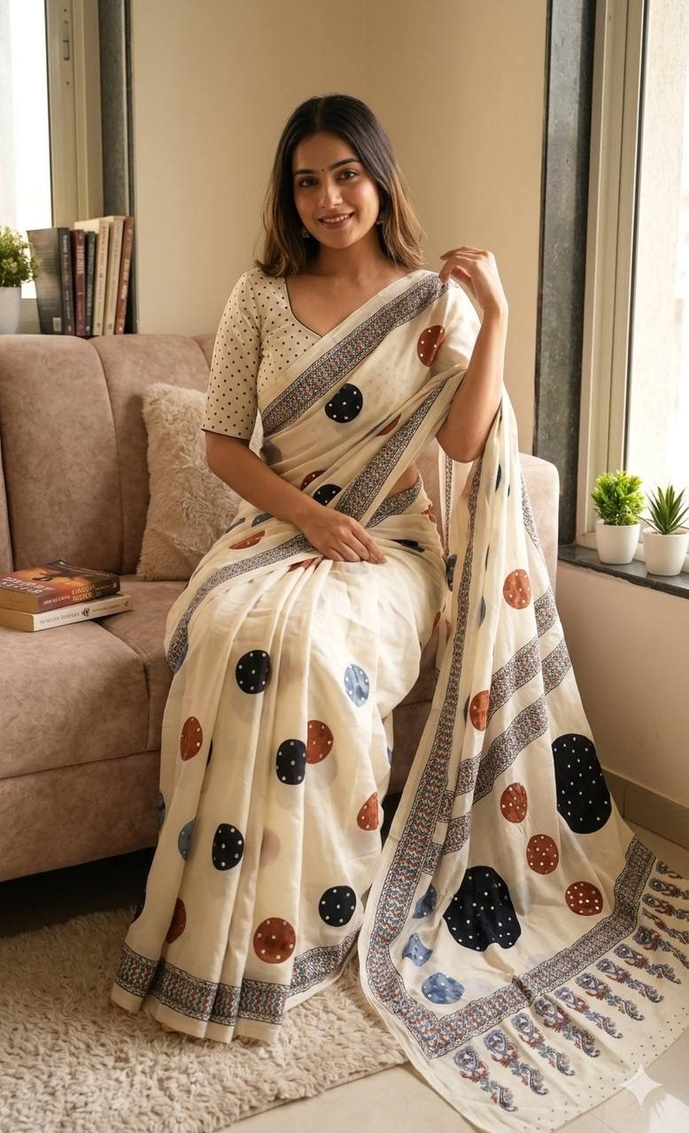 Peachmode Cream Ajrakh Mirror Work Saree - Image 4