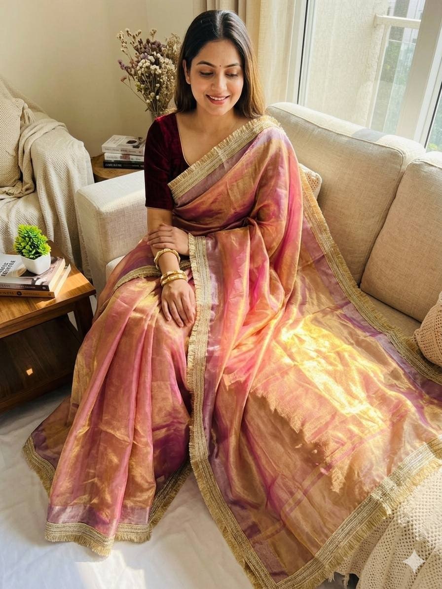 Peachmode Pink Tissue Silk Shaded Saree - Image 1