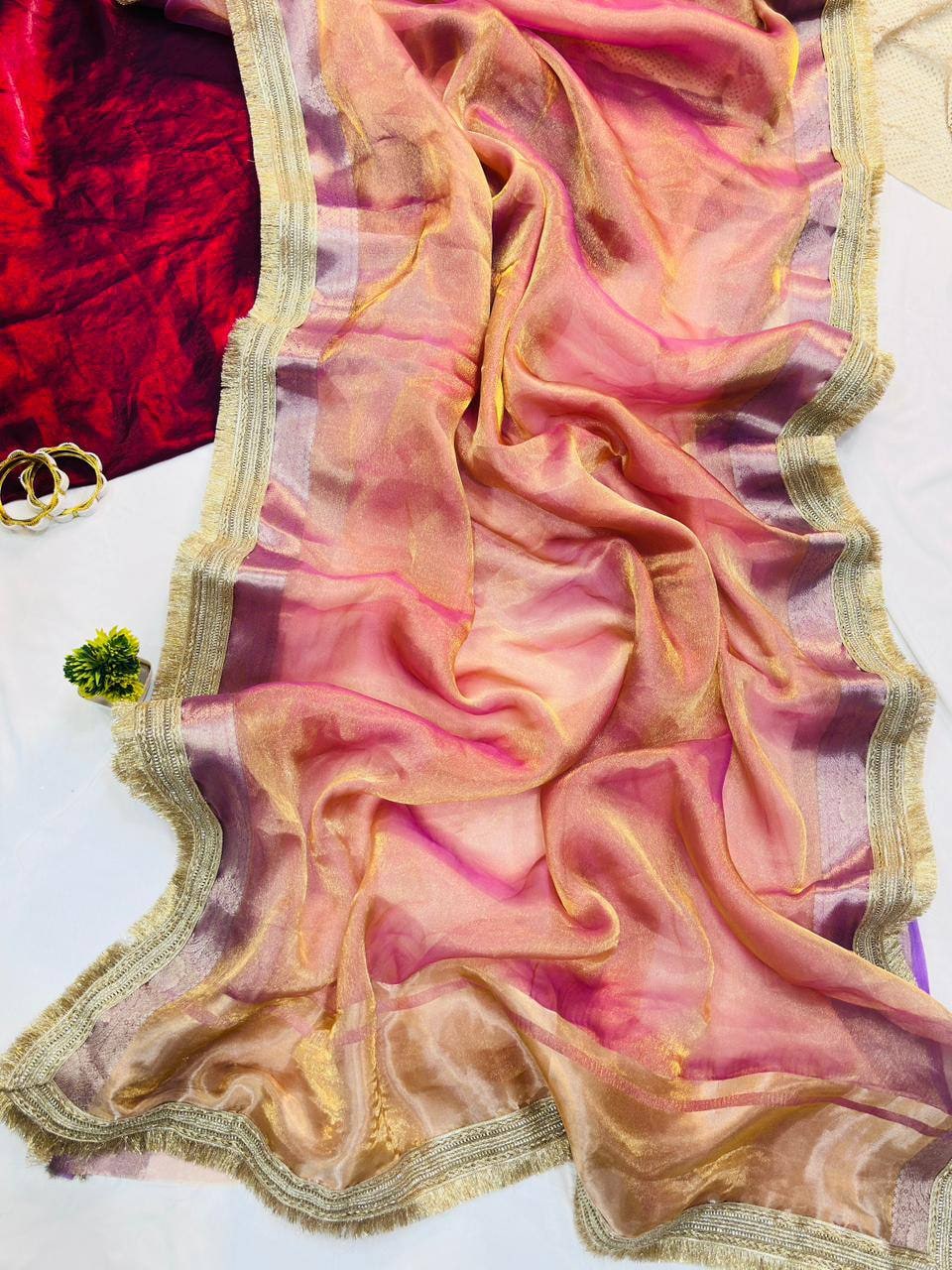 Peachmode Pink Tissue Silk Shaded Saree - Image 4