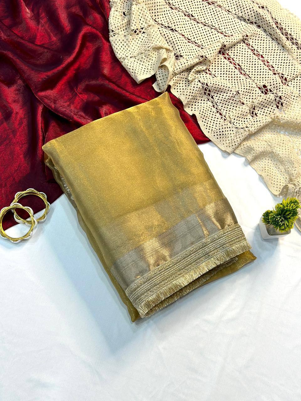 Peachmode Yellow Tissue Silk Shaded Saree - Image 2
