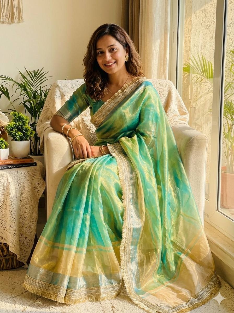 Peachmode Green Tissue Silk Shaded Saree - Image 1