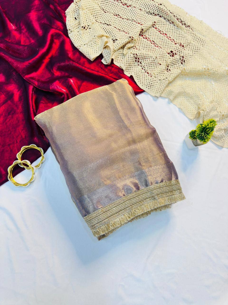 Peachmode Beige Tissue Silk Shaded Saree - Image 3