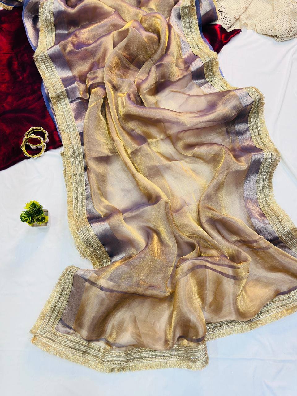 Peachmode Beige Tissue Silk Shaded Saree - Image 6
