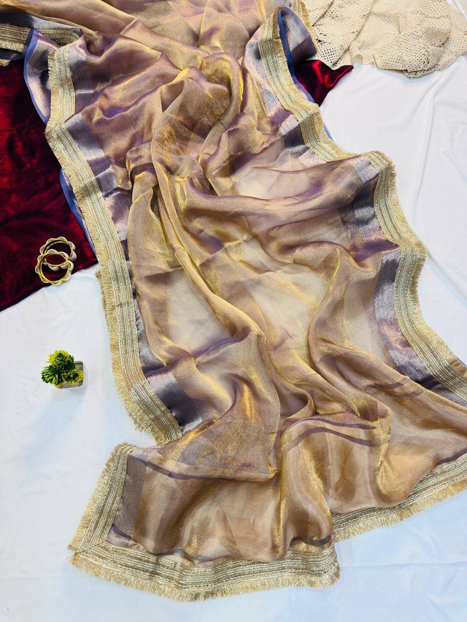 Peachmode Beige Tissue Silk Shaded Saree - Image 7