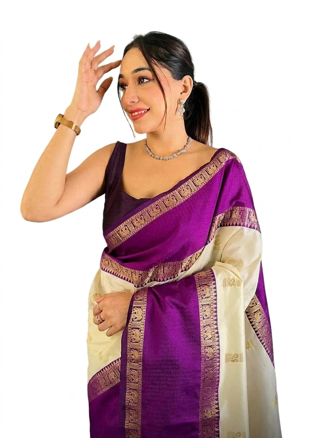 Peachmode Cream Kanjivaram Soft Silk Zari Saree - Image 11