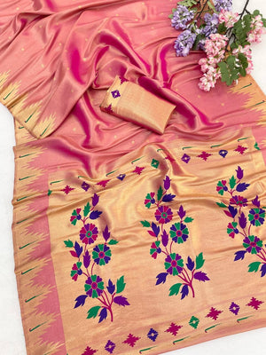 Peachmode Pink Bamboo Tissue Silk Paithani Saree - Image 2