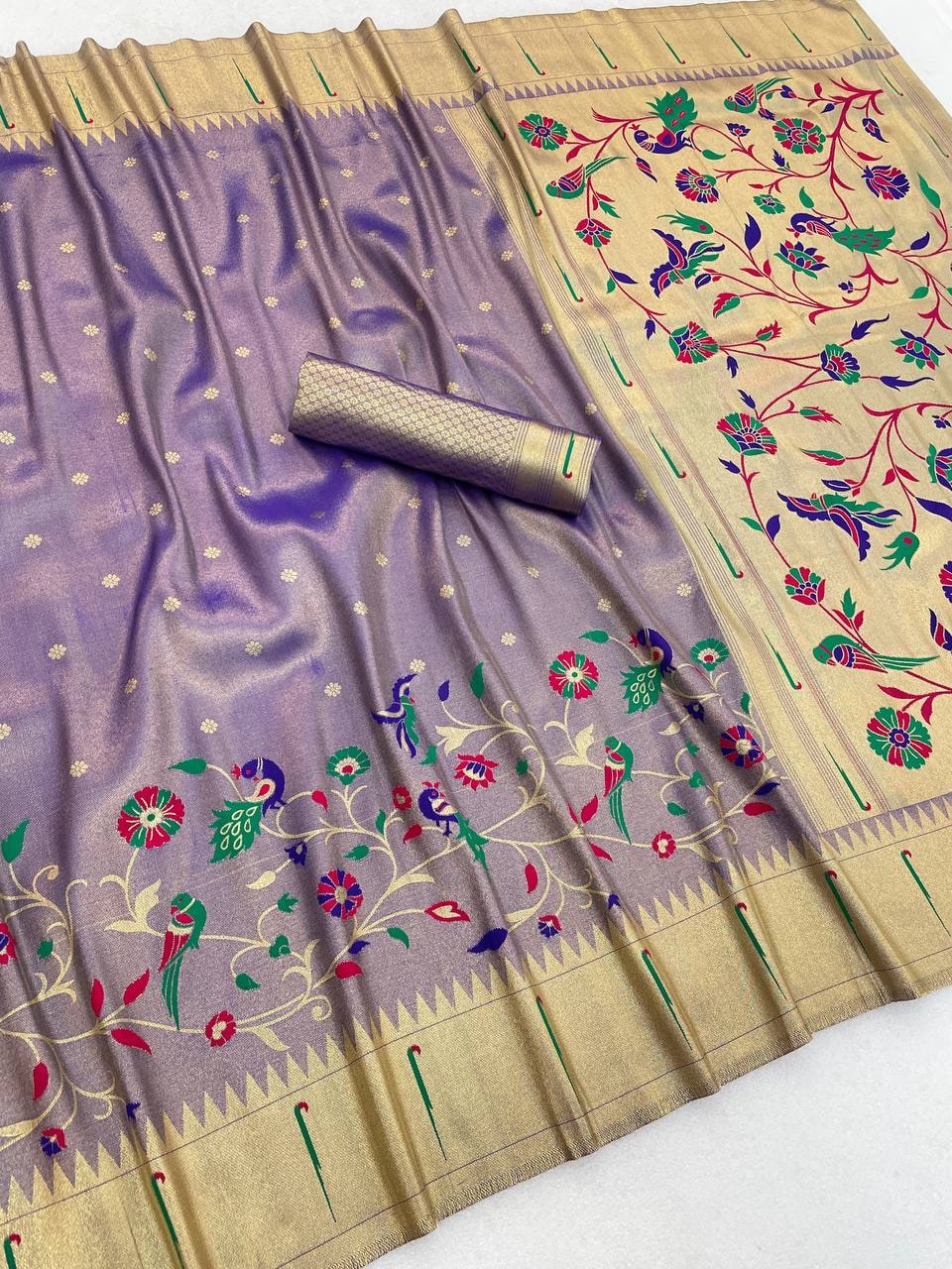 Peachmode Lavender Bamboo Tissue Silk Paithani Saree - Image 2