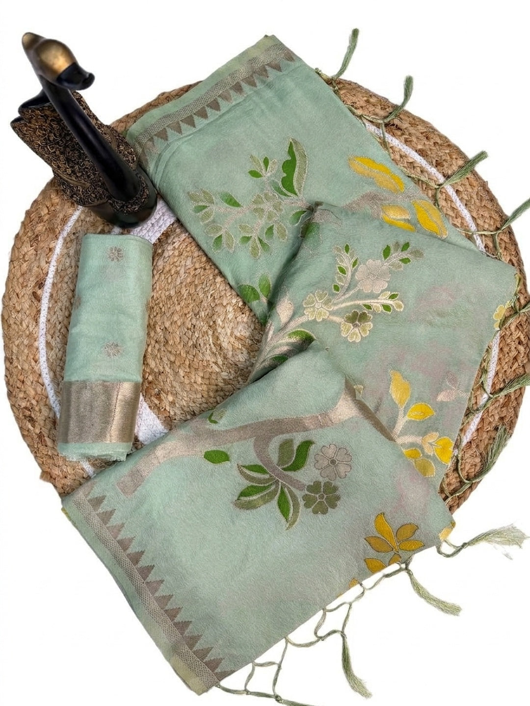 Peachmode Sea Green Crepe Khadi Silk Bird Motif Saree - Image 5