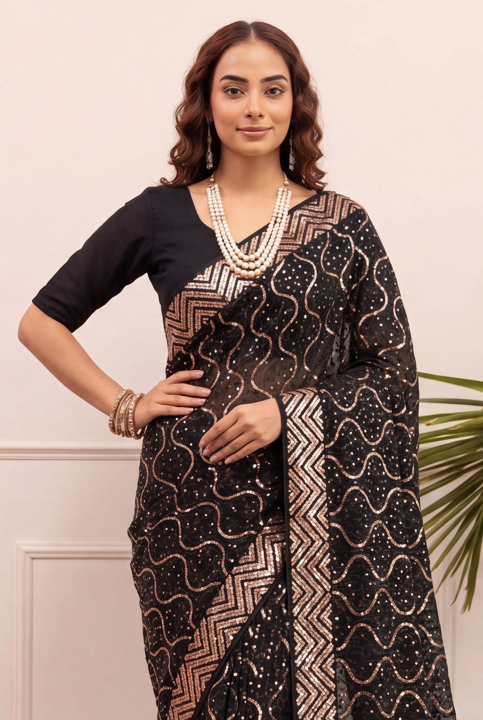 Peachmode Black & Gold Georgette Saree with Sequins Embroidery - Image 2