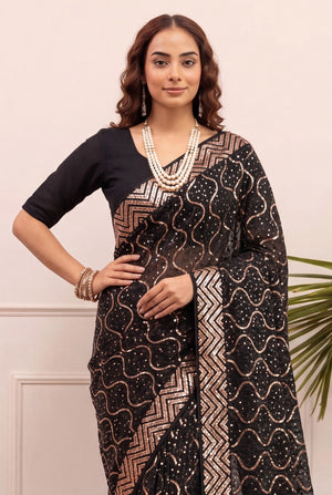 Peachmode Black & Gold Georgette Saree with Sequins Embroidery - Image 2