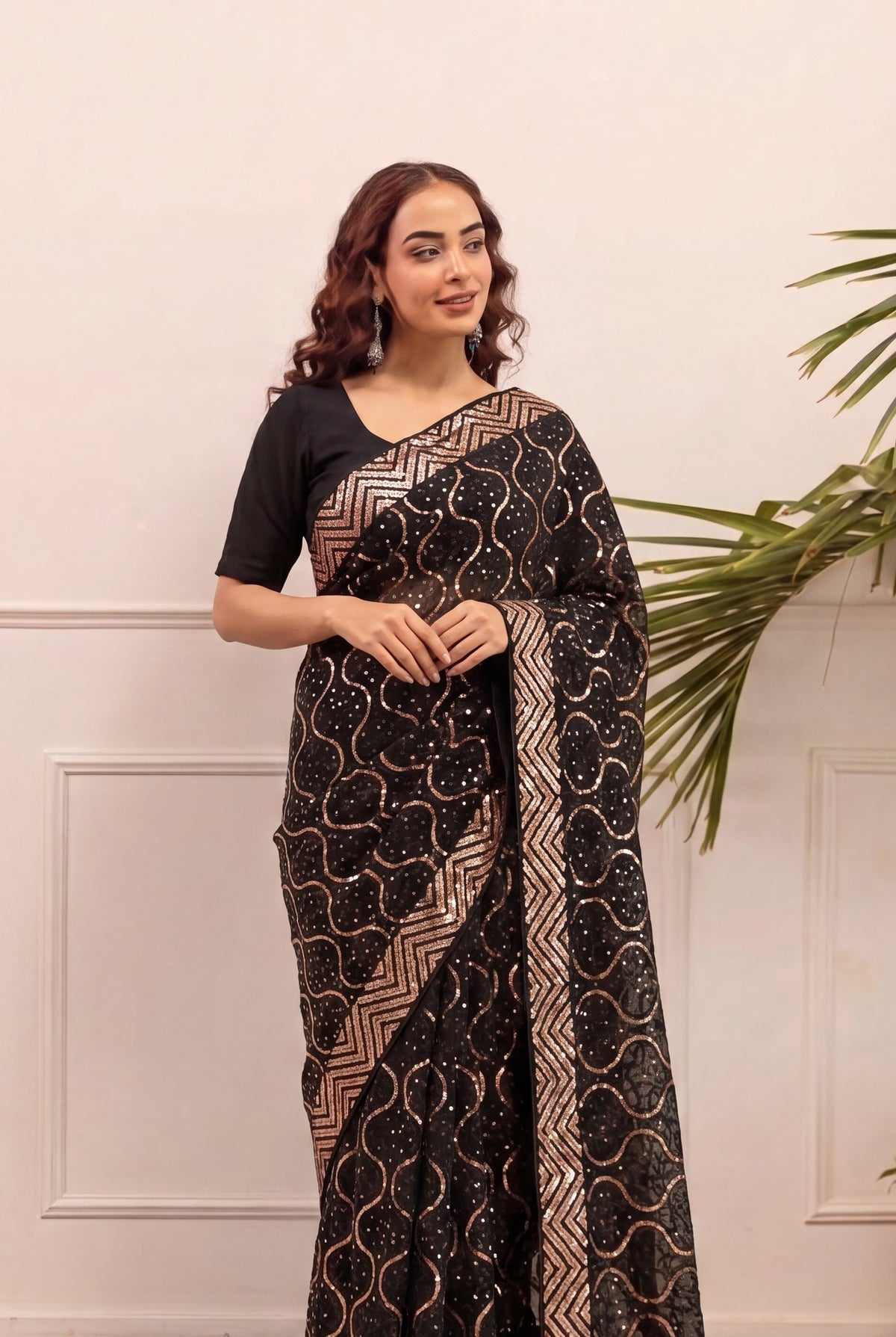 Peachmode Black & Gold Georgette Saree with Sequins Embroidery - Image 4
