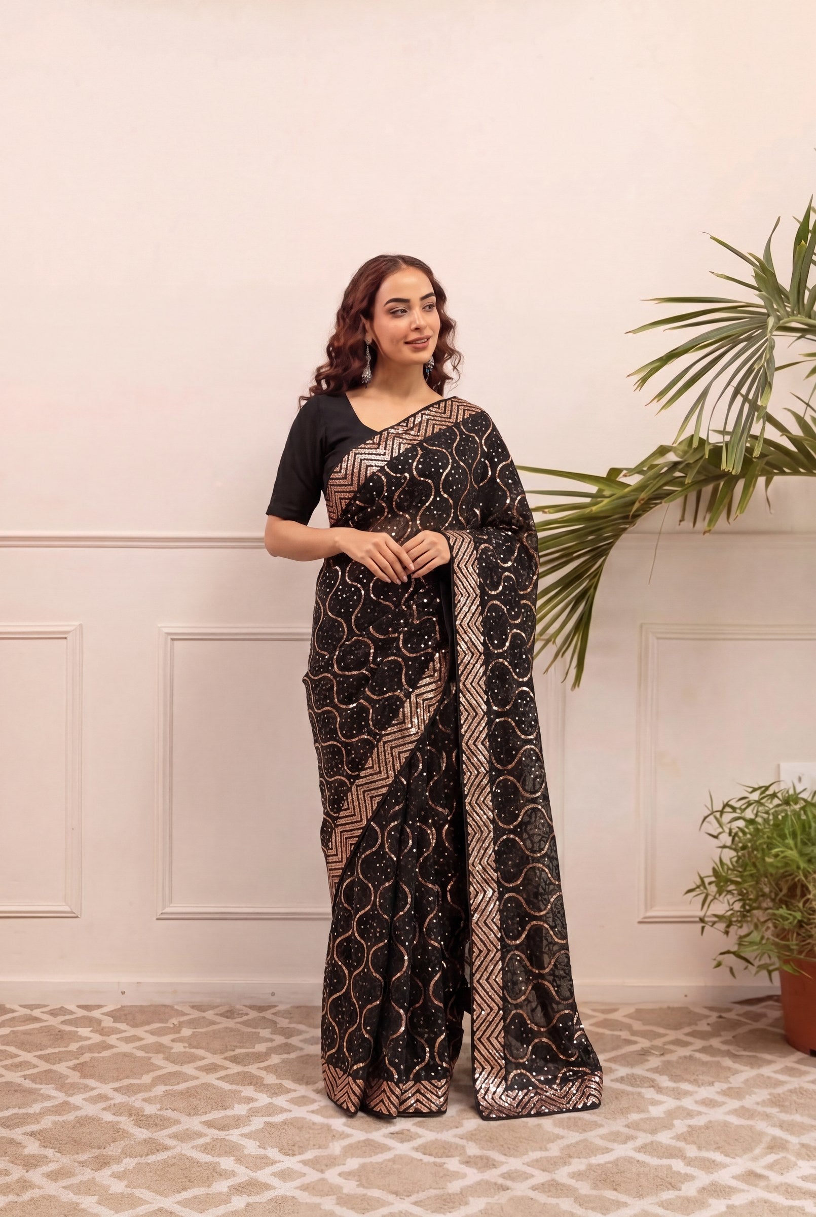 Peachmode Black & Gold Georgette Saree with Sequins Embroidery - Image 5