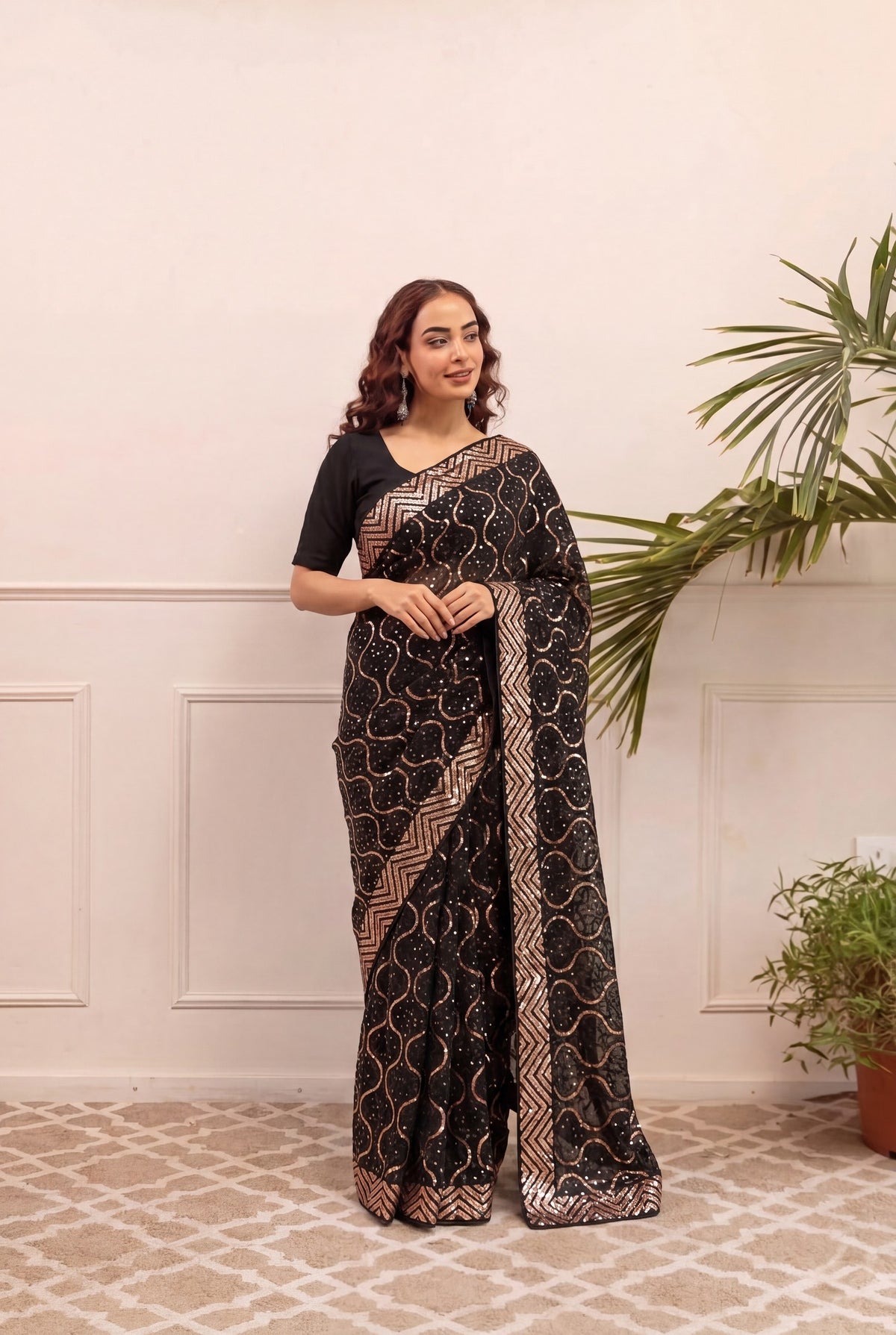 Peachmode Black & Gold Georgette Saree with Sequins Embroidery - Image 5