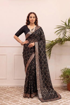 Peachmode Black & Gold Georgette Saree with Sequins Embroidery - Image 1
