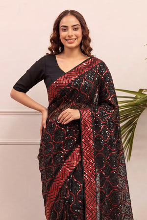 Peachmode Black & Red Georgette Saree with Sequins Embroidery - Image 2