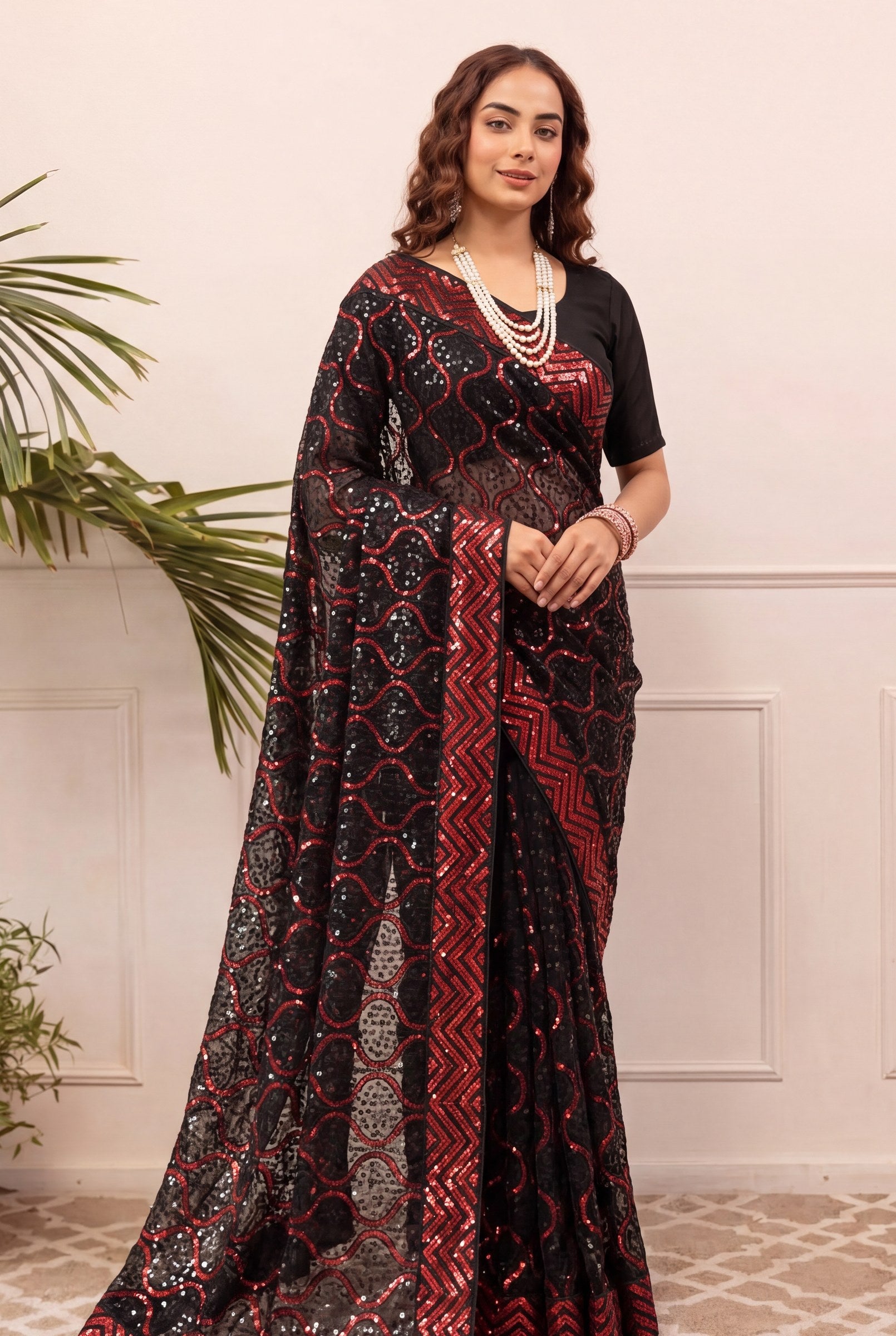 Peachmode Black & Red Georgette Saree with Sequins Embroidery - Image 3