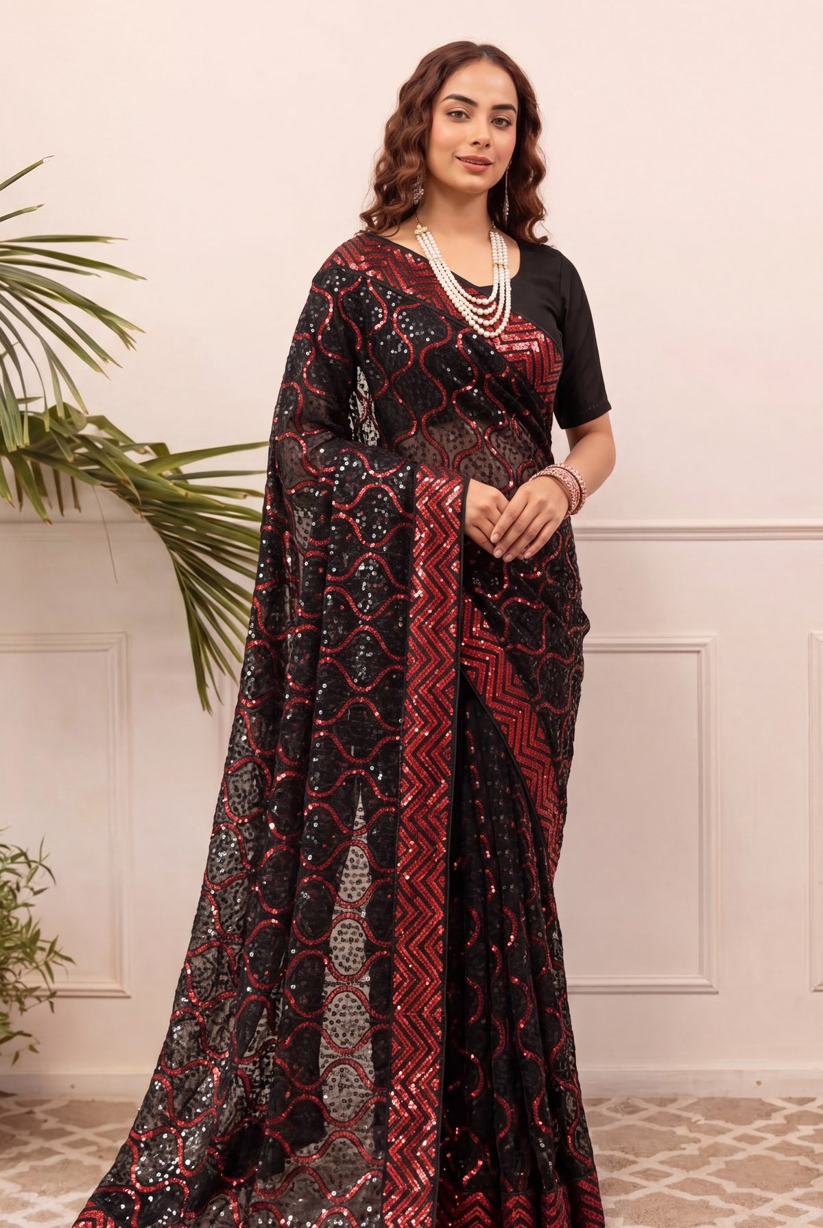 Peachmode Black & Red Georgette Saree with Sequins Embroidery - Image 3