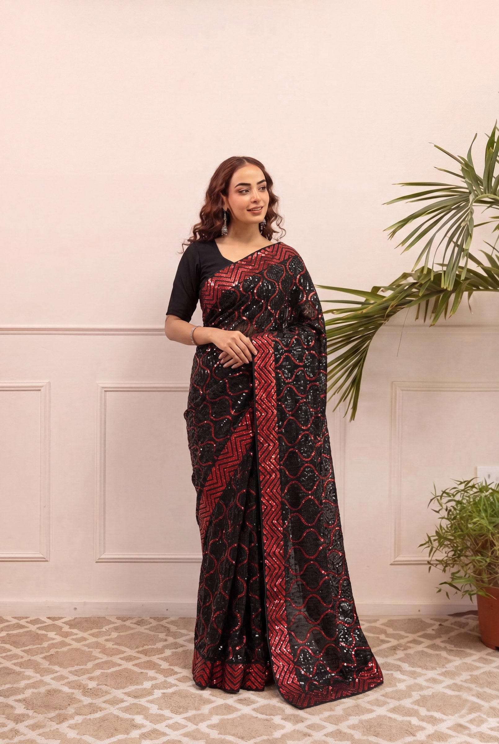 Peachmode Black & Red Georgette Saree with Sequins Embroidery - Image 5
