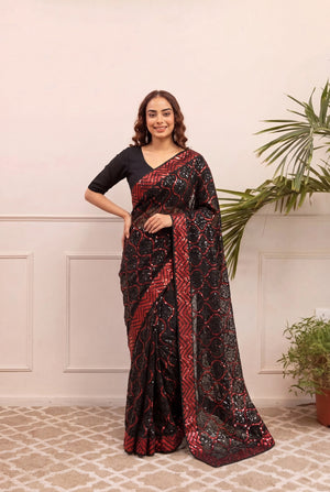 Peachmode Black & Red Georgette Saree with Sequins Embroidery - Image 1