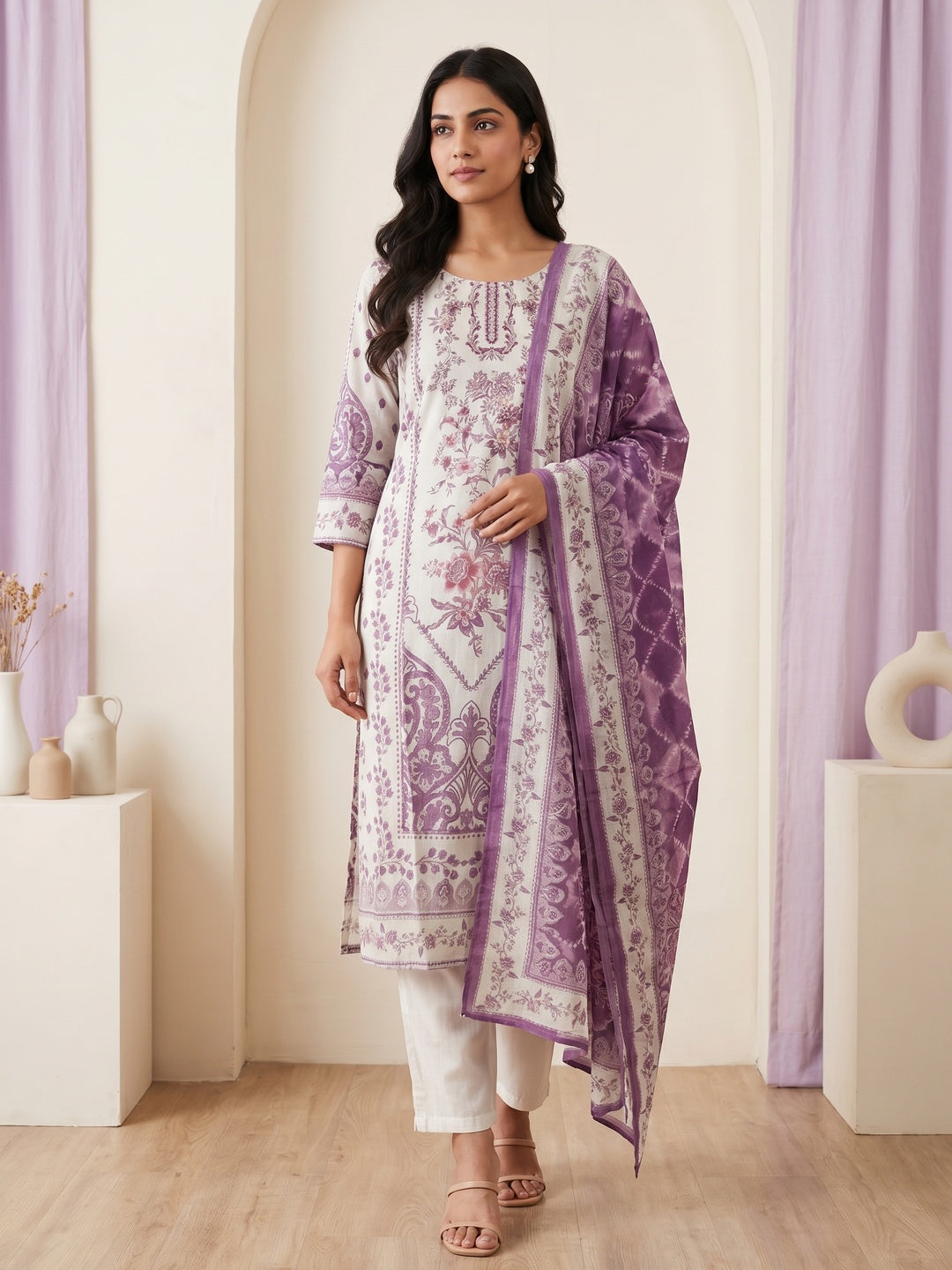 Off White Muslin Purple Floral Printed Salwar Suit Set - Image 1