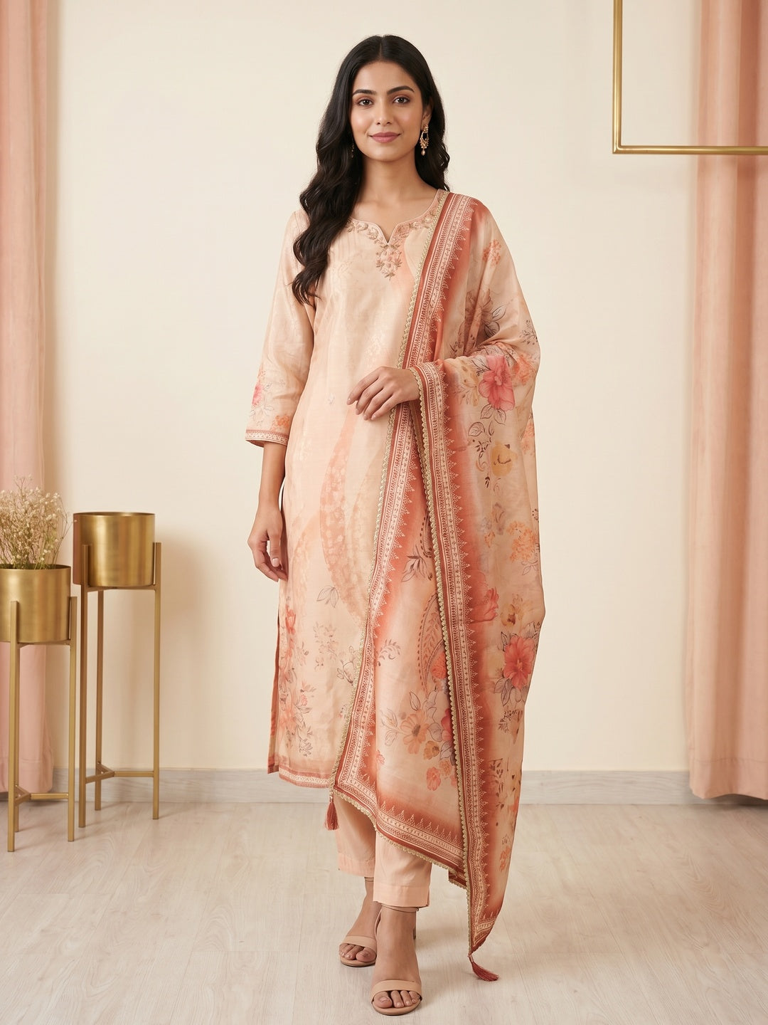 Peach Gucci Silk Floral Printed Salwar Suit Set - Image 1