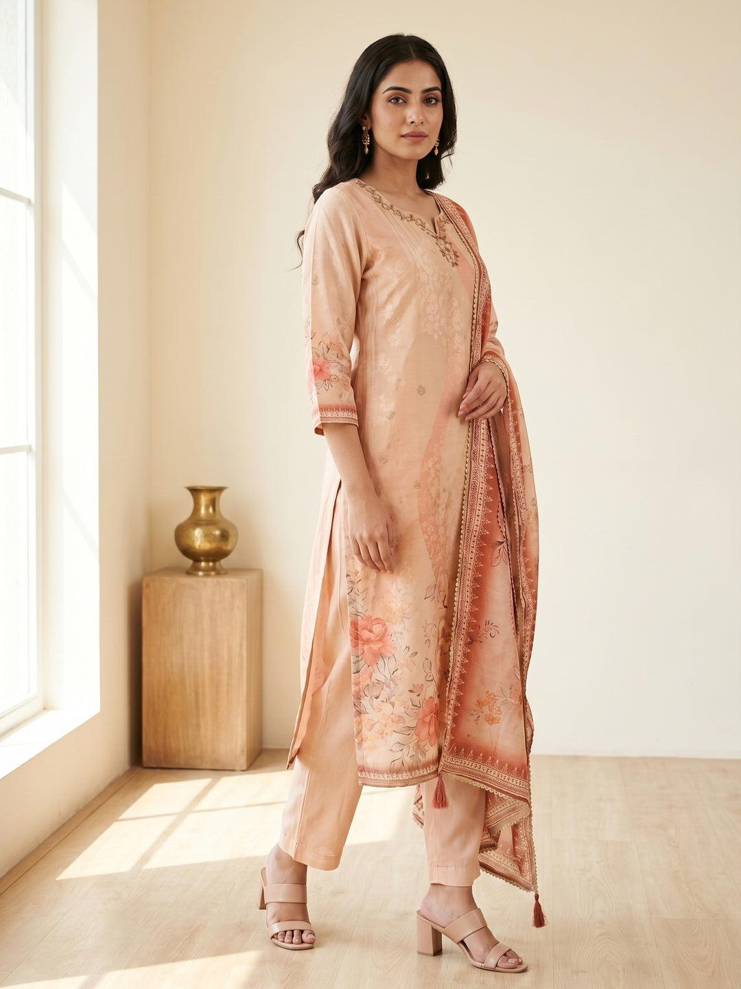 Peach Gucci Silk Floral Printed Salwar Suit Set - Image 3